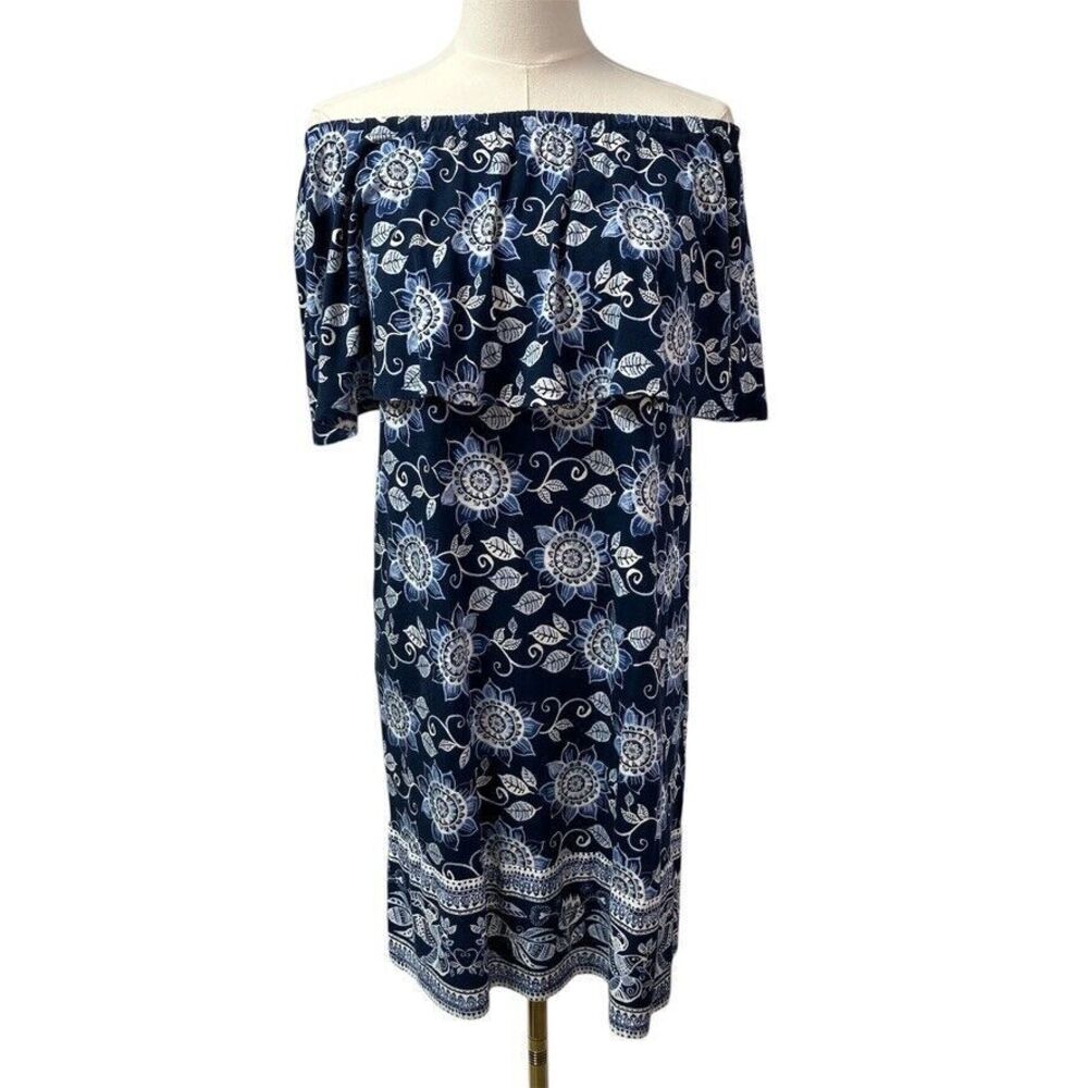 J Jill Women’s XS Off Shoulder Ruffle Tiered Dress Blue White Floral Jersey Knit